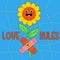 Funny cartoon character. Funky flower power with pink patch. Love rules. Comic element for sticker, square poster