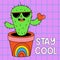 Funny cartoon character. Groovy element funky flowerpot cactus in sunglasses with red heart. Stay cool quote. Vector