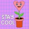 Funny cartoon character. Groovy element funky flowerpot plant heart with funny face. Stay cool quote. Vector