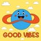 Funny cartoon character. Groovy element funky space planet on sky with clouds. Vector illustration trendy retro cartoon