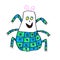 Funny cartoon character hand drawn with color felt-tip pens, a happy bug with green and blue pattern, doodle style