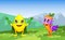 Funny cartoon characters fruits in superhero costumes lemon and carrot. Fruit together, lemon happily welcomes other fruits