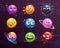 Funny cartoon colorful emoji planets set. Vector comic fantasy space characters.