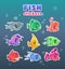 Funny cartoon colorful fish stickers set.