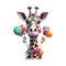 Funny cartoon colorful party giraffe head with air balloons isolated over white background. Colorful joyful greeting card for