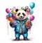 Funny cartoon colorful party panda wearing suit with air balloons isolated over white background. Colorful joyful greeting card