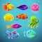 Funny cartoon colorful tropic fishes set