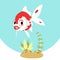 Funny cartoon comet goldfish with aquatic plants.