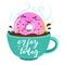 Funny Cartoon comic donut with smile face takes a bath in a cup of coffee.