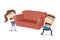 Funny cartoon couple is moving an has to lift a heavy sofa