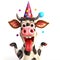Funny cartoon cow wearing party hat and sticks out tongue isolated over white background. Colorful joyful greeting card for