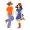 Funny cartoon cowboy and cowgirl dancing in hats and boots in a flat style. Vector illustration isolated on white background for