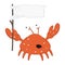 Funny cartoon crab with bulging eyes and large claws holds a white flag and screams