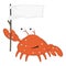 Funny cartoon crab with bulging eyes and large claws holds a white flag and smiles