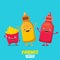 Funny cartoon cute smiling ketchup bottle, mustard bottle and potatoe french fries characters set . food flat funky