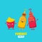 Funny cartoon cute smiling ketchup bottle, mustard bottle and potatoe french fries characters set . food flat funky