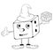 Funny cartoon dice in wizard hat with eyes, hands and feet holding a gift box in his hand and smiling. Black and white coloring