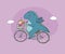 Funny cartoon dinosaur on a bicycle. Cute dragon traveler, girl and cat.