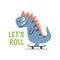 Funny cartoon dinosaur riding skateboard