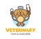 Funny cartoon dog doctor holding a stethoscope. Cute Veterinary Logo. Healthcare animal concept. Mascot for veterinary clinic