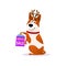 Funny cartoon dog portrait with Xmas sale bags.