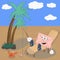 A funny cartoon envelope on vacation in the desert sits on a couch and catches a crab on a fishing rod, using the worm as a bait