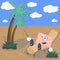 A funny cartoon envelope on vacation in the desert sits on a couch and catches a mouse that sits in the bushes under a palm tree