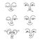 Funny cartoon faces with different emotions in doodle style. Set of linear vector icons.