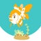 Funny cartoon fantail goldfish with aquatic plants.