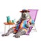 Funny cartoon fat hippo sitting on broken beach chair isolated over white background. Obesity and overweight concept. Created with