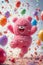 A funny cartoon fluffy character is having fun on the background of festive balloons. The concept of the holiday. 3d