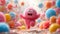 A funny cartoon fluffy character is having fun on the background of festive balloons. The concept of the holiday. 3d