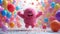 A funny cartoon fluffy character is having fun on the background of festive balloons. The concept of the holiday. 3d