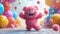 A funny cartoon fluffy character is having fun on the background of festive balloons. The concept of the holiday. 3d