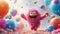 A funny cartoon fluffy character is having fun on the background of festive balloons. The concept of the holiday. 3d