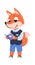 Funny cartoon fox kid with book. Forest animal getting education, developing children literature. School emblem template