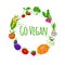 Funny cartoon fruit and vegetables vector frame, go vegan illustration