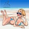 Funny cartoon girl in a swimsuit sunning on a tropical seashore