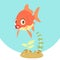 Funny cartoon goldfish with aquatic plants.