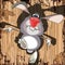 Funny cartoon grey rabbit fun galloping on a background of cardboard