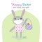 Funny cartoon grey rabbit with protective medical face mask holding basket with bright eggs. Happy easter stay home