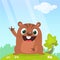 Funny cartoon groundhog marmot waving on spring forest background with a grass flowers and tree. Happy groundhog day. Vector illus
