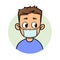 Funny cartoon guy wearing medical mask for respiratory disease protection. Cartoon design icon. Flat vector illustration