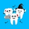 Funny cartoon Halloween tooth character taking selfie.