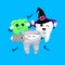 Funny cartoon Halloween tooth character taking selfie.