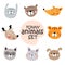 Funny cartoon hand drawn animal faces, tiger, bear, fox, cat, dog, deer, raccoon, bunny. Vector illustration for kids, babies