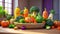 Funny cartoon happy vegetables in comedian kitchen cheerful character