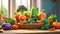 Funny cartoon happy vegetables in comedian kitchen cheerful character comic