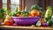 Funny cartoon happy vegetables in comedian kitchen organic character