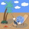 A funny cartoon ice cube on a desert vacation sits on a couch and catches a crab on a fishing rod, using the worm as a bait